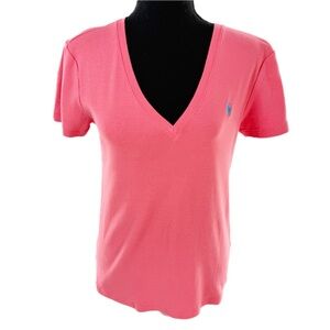 Ralph Lauren Deep V-Neck Coral Pink Polo Pony 100% Cotton T-Shirt Size Large
